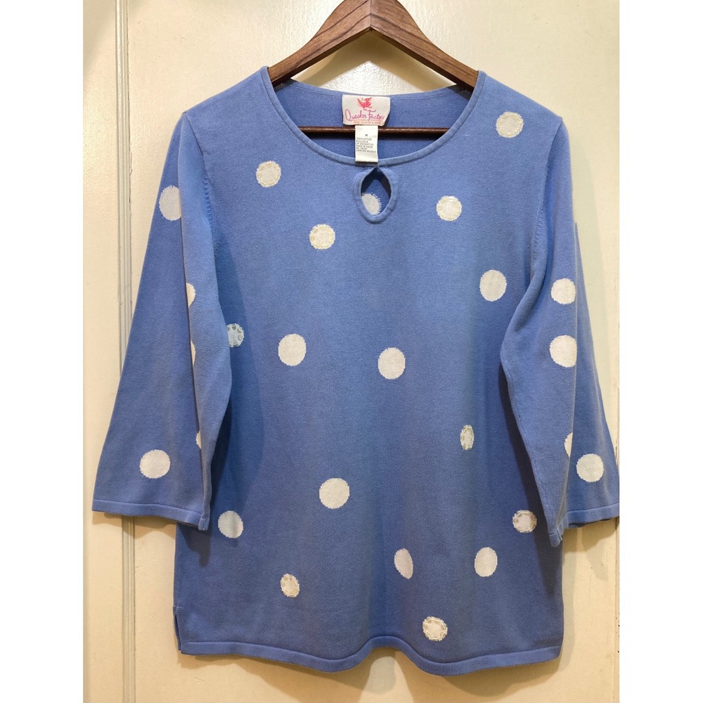 Quacker Factory Womens Blue Polka Dot Knit Sweater Top Medium 3/4 Sleeve Keyhole